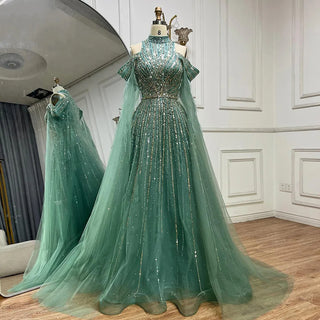 Ships in 1 to 3 Days - 2024 Arabic Turquoise A-Line Evening Gown with Beaded Cape Sleeves and Feather Details for Wedding Parties