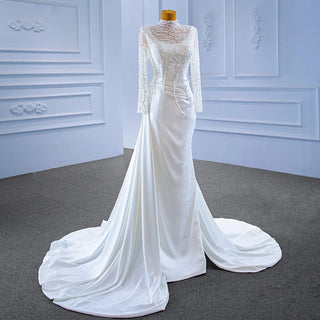 Elegant Satin High Neck Lace Mermaid Wedding Dress with Tail