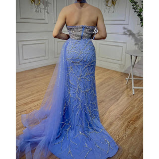 Arabic Blue Mermaid Sleeveless Sexy High Split Beaded Evening Dress - Women's Wedding Party Gown 2024