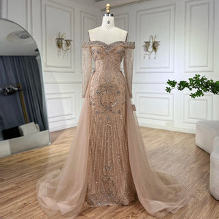 Ships in 1 to 3 Days - Nude Mermaid Elegant Overskirt Beaded Luxury Dubai Evening Dress Gown 2024 For Women Wedding Party