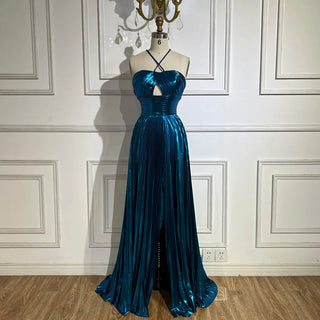 Ships in 1 to 3 Days - Arabic Navy Blue Halter Straps Front Slit Mermaid Beaded Evening Gown for Women Wedding Party 2024