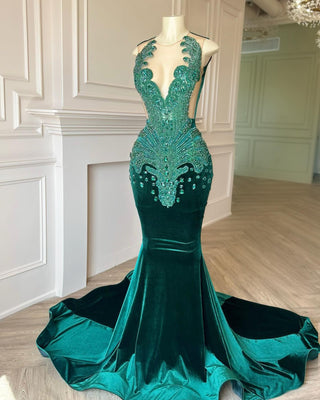 Emerald Velvet Mermaid Gown with Intricate Beaded Bodice and Plunge Neckline