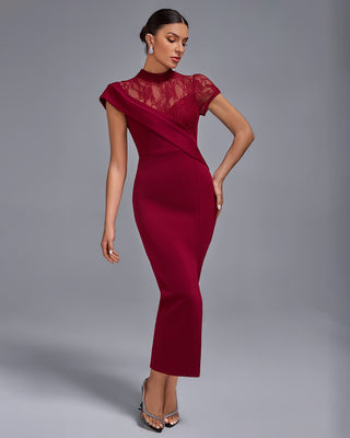 Ships in 1 to 3 Days - Sophisticated High-Neck Lace and Draped Evening Gown