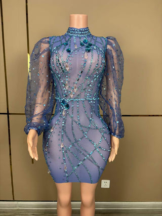 Luxurious Sheer Beaded Mini Dress with Puffy Sleeves