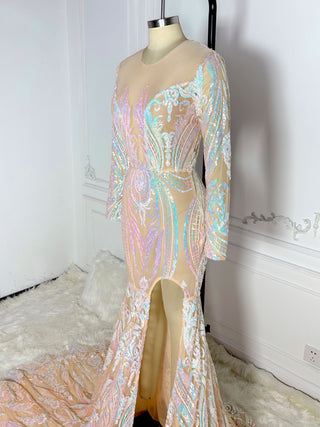 Ethereal Sheer Mermaid Gown with Iridescent Sequins and High Slit