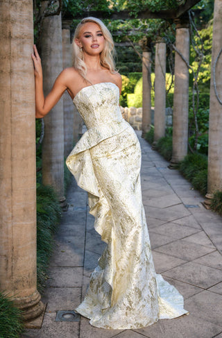 Elegant Strapless Brocade Gown with Asymmetrical Ruffle Detailing