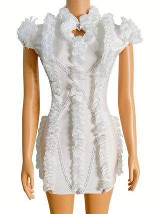 Elegant White Ruffled High-Neck Mini Dress