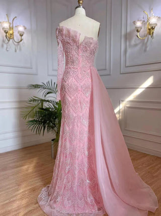 Elegant Peach Mermaid Arabic Evening Dress 2024 - One Shoulder, Luxury Pearls, Beaded Gown for Women's Party