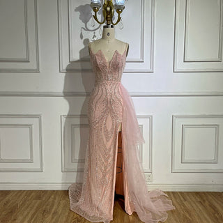 2024 Light Pink Spaghetti Strap Mermaid Evening Gown Beaded Elegant Dress with Overskirt for Women's Party