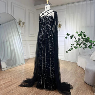 Ships in 1 to 3 Days - Arabic Luxury Dubai Mermaid Blue Evening Gown with Cape Sleeves and Beading for Women's Party 2024