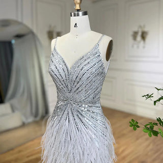 Luxury Beaded Mermaid Feathers Prom Dresses: Sexy Spaghetti Straps Backless Rose Pink Evening Dress