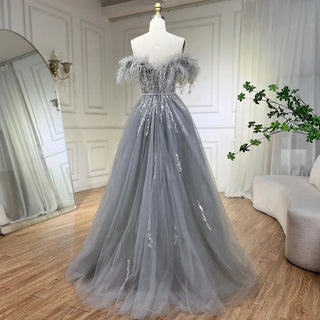 Blue Diamond Feather Mermaid Evening Dress with Overskirt - Wedding Party Gown for Women 2024