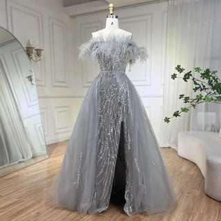 Blue Diamond Feather Mermaid Evening Dress with Overskirt - Wedding Party Gown for Women 2024