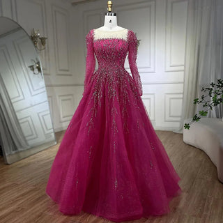 Muslim Pink A-Line Beaded Luxury Dubai Long Evening Dress - Gown for Women's Wedding Party 2024