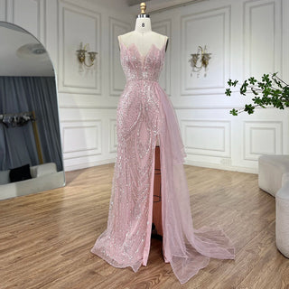 2024 Light Pink Spaghetti Strap Mermaid Evening Gown Beaded Elegant Dress with Overskirt for Women's Party