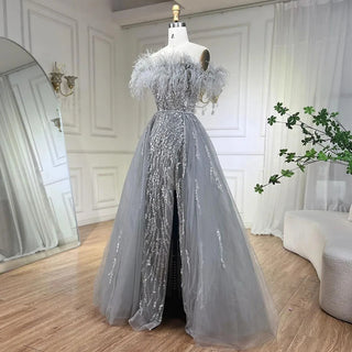 Blue Diamond Feather Mermaid Evening Dress with Overskirt - Wedding Party Gown for Women 2024