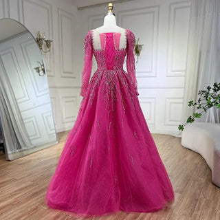 Ships in 1 to 3 Days - Muslim Pink A-Line Beaded Luxury Dubai Long Evening Dress - Gown for Women's Wedding Party 2024