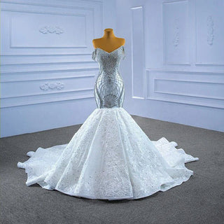 Luxury Mermaid White V-Neck Sleeveless Beaded Lace-Up Slip Wedding Gown