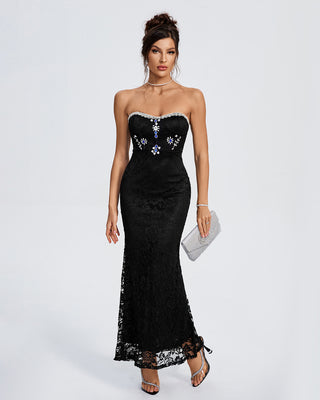 Ships in 1 to 3 Days - Strapless Lace Gown with Embroidered Floral Accents