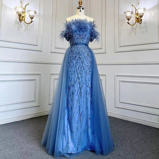 Dubai Blue Elegance: 2024 Luxury Beaded Mermaid Evening Gown with Elegant Overskirt - Dress for Women's Wedding Party