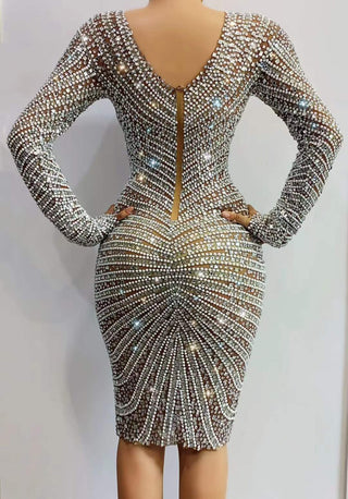 Ships in 1 to 3 Days - Spectacular Silver Crystal Long-Sleeve Bodycon Dress