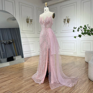 2024 Light Pink Spaghetti Strap Mermaid Evening Gown Beaded Elegant Dress with Overskirt for Women's Party