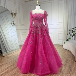 Muslim Pink A-Line Beaded Luxury Dubai Long Evening Dress - Gown for Women's Wedding Party 2024