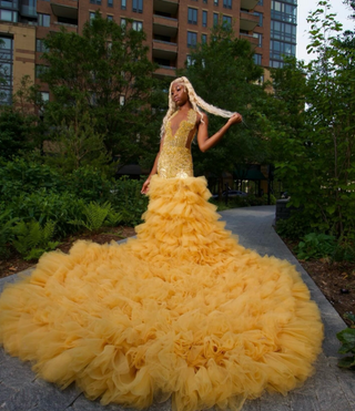 Ethereal Royal Ruffle Gown with Sparkling Embellished Bodice