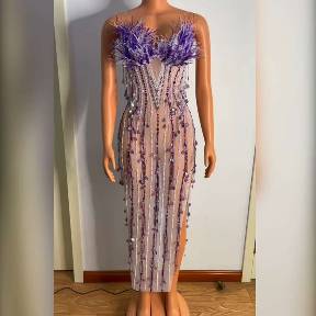 Luxurious Lavender Feather and Sequin Embellished Sheer Midi Dress