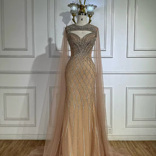 Arabic Nude Cape Sleeves Beaded Saudi Evening Gown – 2025 Customized Elegance