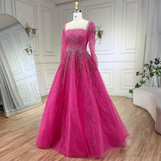 Muslim Pink A-Line Beaded Luxury Dubai Long Evening Dress - Gown for Women's Wedding Party 2024