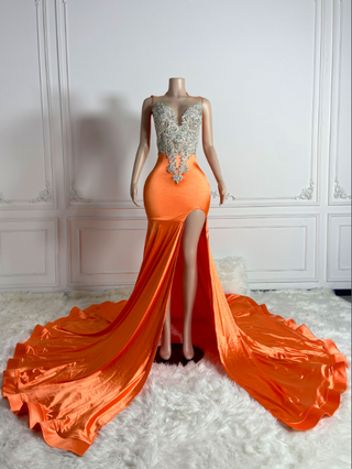 Opulent Crystal-Embellished Evening Gown with Slit and Flowing Train