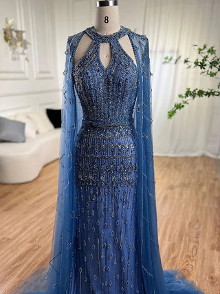 Mermaid Elegant Cape Sleeves Beaded Luxury Evening Dress Gown For Women: Arabic Party 2024