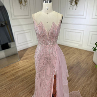 2024 Light Pink Spaghetti Strap Mermaid Evening Gown Beaded Elegant Dress with Overskirt for Women's Party