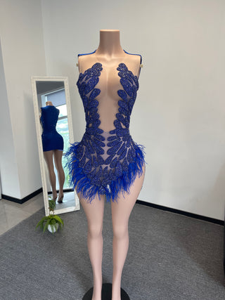 Glamorous Feather and Crystal Beaded Mini Dress with Sheer Panels