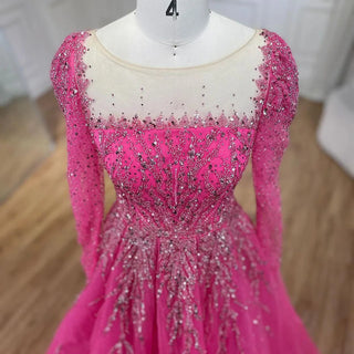 Muslim Pink A-Line Beaded Luxury Dubai Long Evening Dress - Gown for Women's Wedding Party 2024