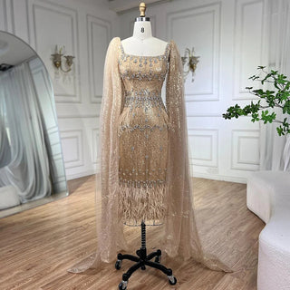 Ships in 1 to 3 Days - Bling Gray Mermaid Arabic Evening Dress with Cape Feather: Prom Formal Attire for Women's Wedding Party