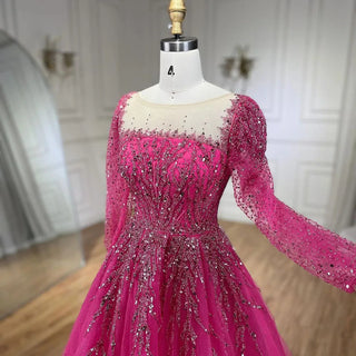 Muslim Pink A-Line Beaded Luxury Dubai Long Evening Dress - Gown for Women's Wedding Party 2024