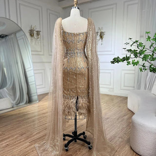 Bling Gray Mermaid Arabic Evening Dress with Cape Feather: Prom Formal Attire for Women's Wedding Party