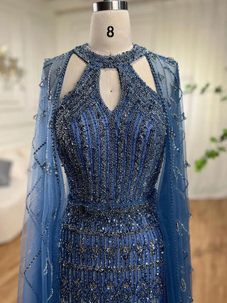 Mermaid Elegant Cape Sleeves Beaded Luxury Evening Dress Gown For Women: Arabic Party 2024