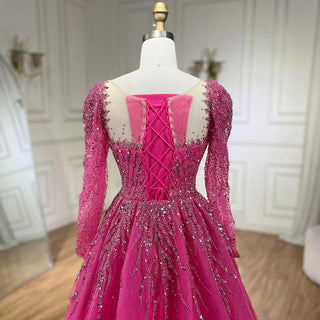 Ships in 1 to 3 Days - Muslim Pink A-Line Beaded Luxury Dubai Long Evening Dress - Gown for Women's Wedding Party 2024