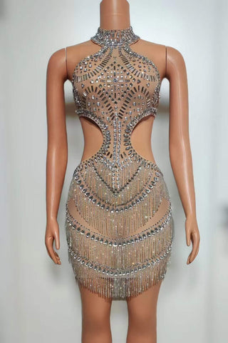 Glamorous High-Neck Cut-Out Mini Dress with Crystal Embellishments