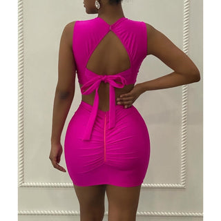 Vibrant Pink Two-Piece Mini Dress with Embellished Sheer Top