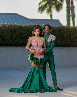 Emerald Enchantment Mermaid Gown with Feather Accents