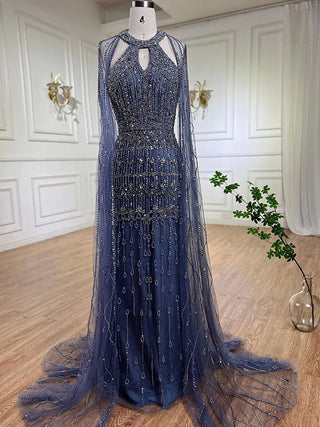 Mermaid Elegant Cape Sleeves Beaded Luxury Evening Dress Gown For Women: Arabic Party 2024