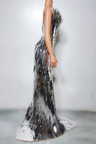 Glamorous Reflective Sequin Gown with Plunging Neckline