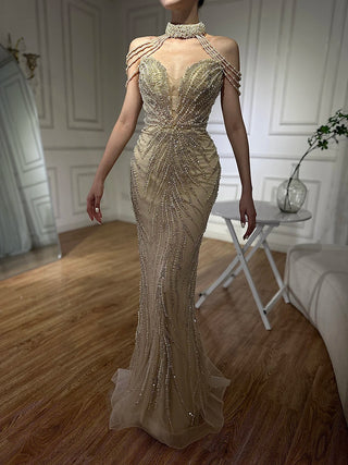 2024 Arabic Nude Halter Neck Mermaid Pearls Beaded Luxury Dubai Evening Gown for Women's Party