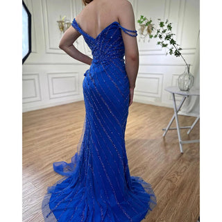 Blue Mermaid Split Evening Gown 2024 - Elegant Luxury Beaded Dress for Women's Party