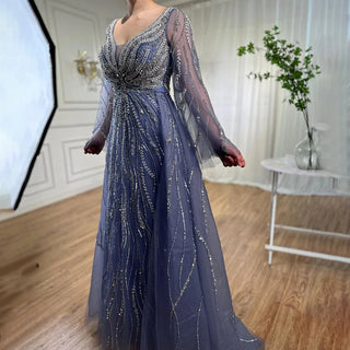 Ships in 1 to 3 Days - 2024 Blue A-Line Evening Gown: Arabic-Inspired Beaded Detail with Long Sleeves for Women's Wedding Celebrations