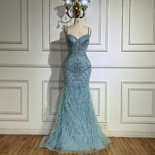 Ships in 1 to 3 Days - Arabic Blue Spaghetti Strap Feathers Beaded Luxury Dubai Evening Dresses Gowns For Women Wedding Party 2024